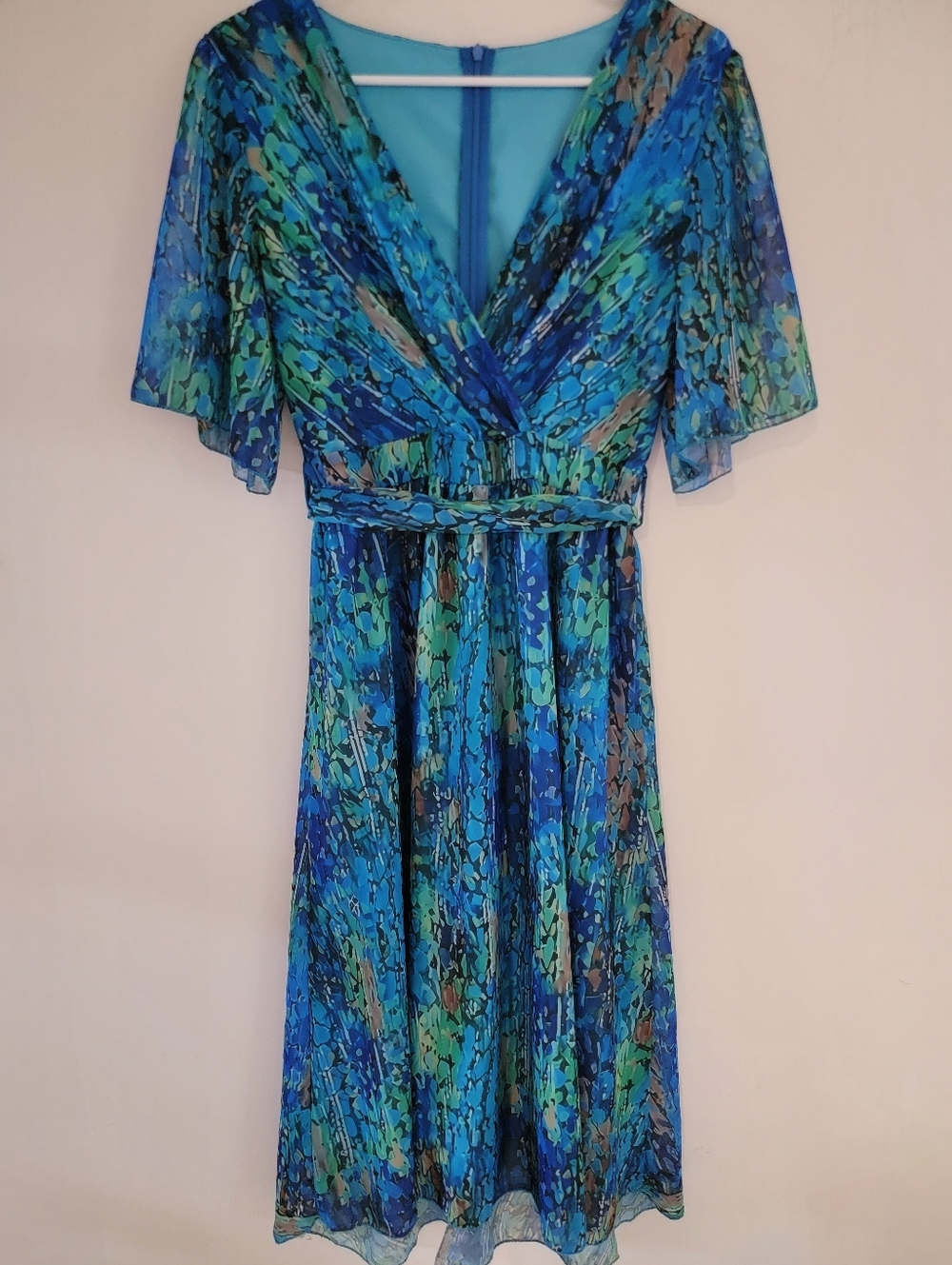 Floral Blue Green Chiffon V-Neck Midi Dress Small